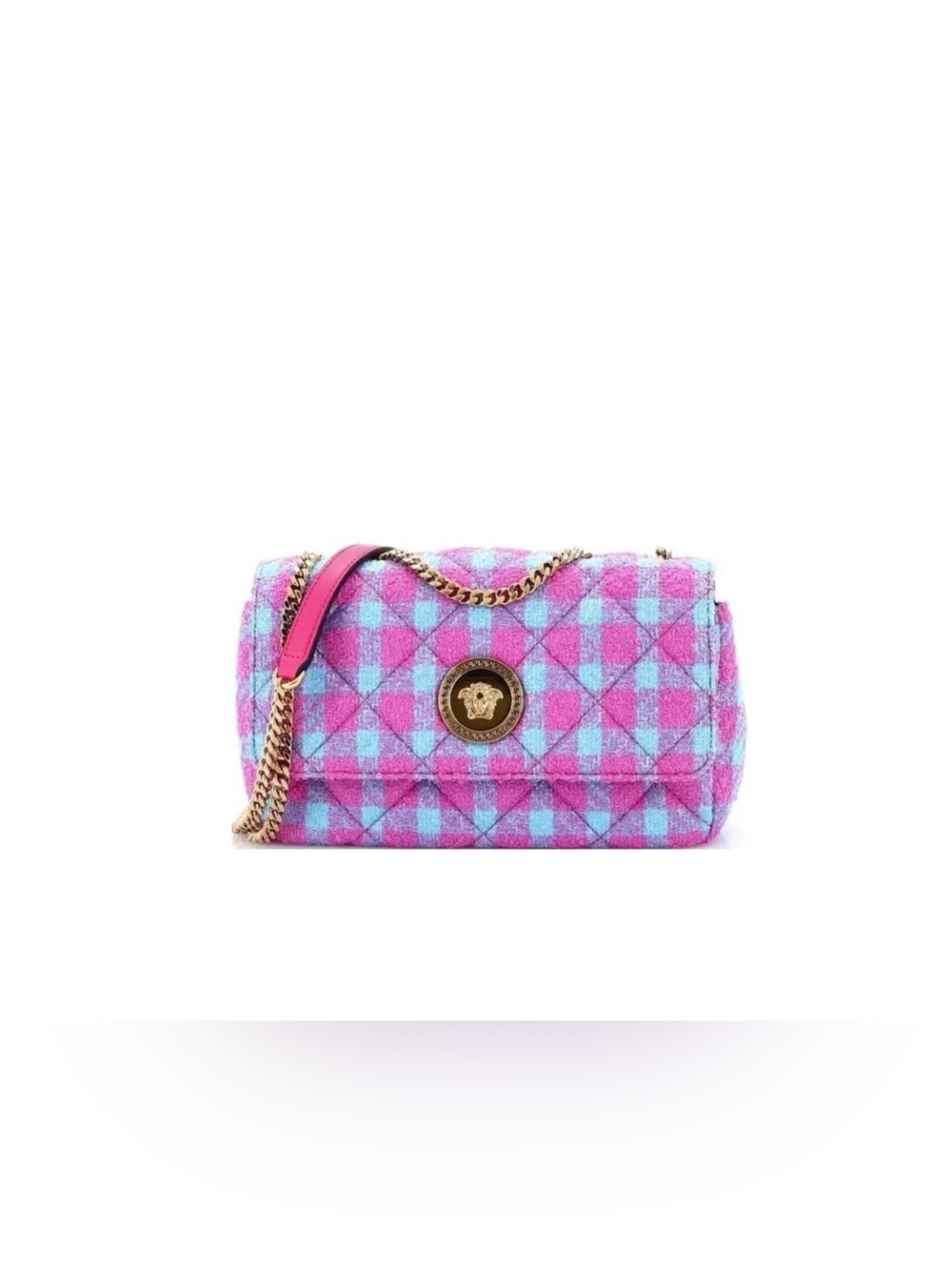 Versace Medusa East West Blue Pink Purple Quilted Chain Crossbody Bag w COA